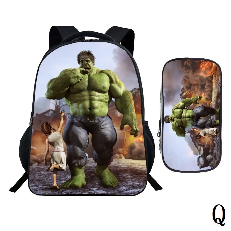 Bộ 2 Món Balo + Túi Đựng Bút In Hình Hulk + Túi Đựng Cho Bé Trai Tiểu Học 3-9 Tuổi