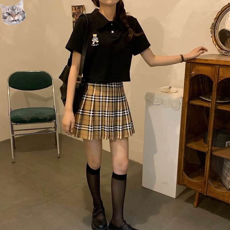 Chân Váy Chữ a Lưng Cao Xếp Ly Màu Cam Sốt yo Phong Cách Preppy Retro Mùa Hè Cho Nữ