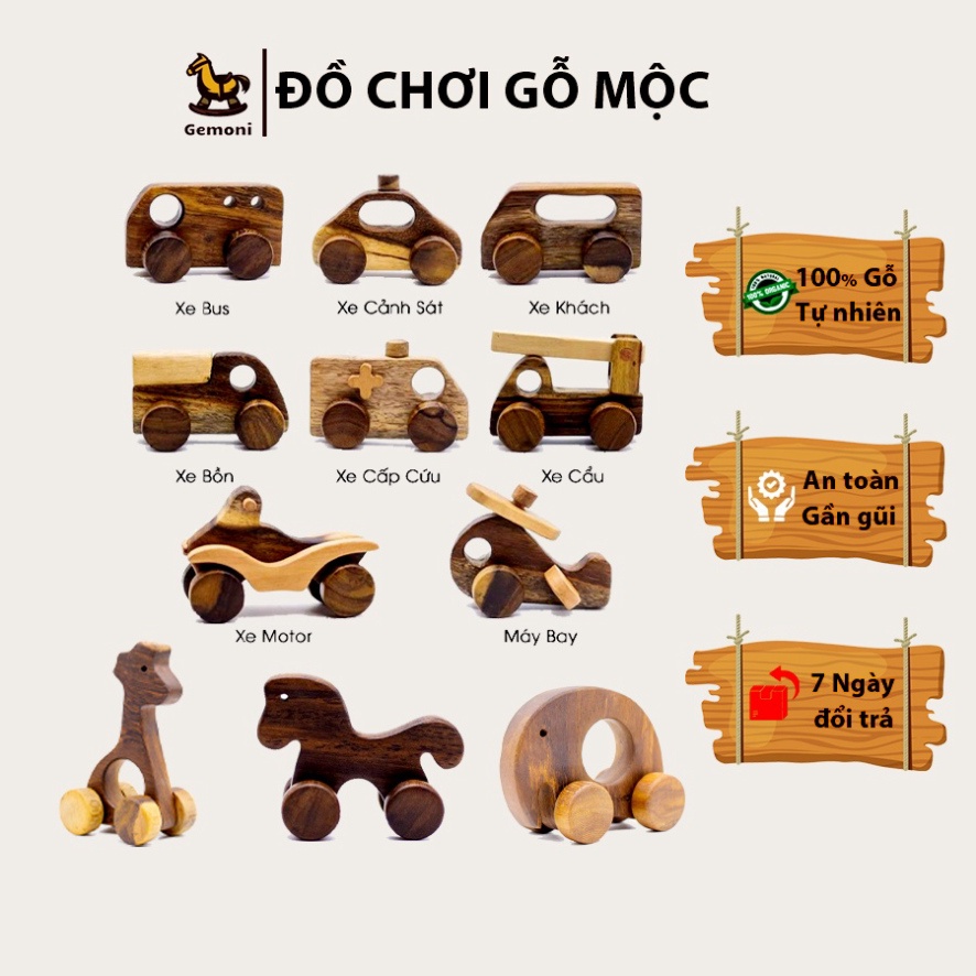 Set 8 Xe Đồ Chơi Gỗ Mini và 3 Thú Gỗ Mini. Có Bánh Xe Di Chuyển