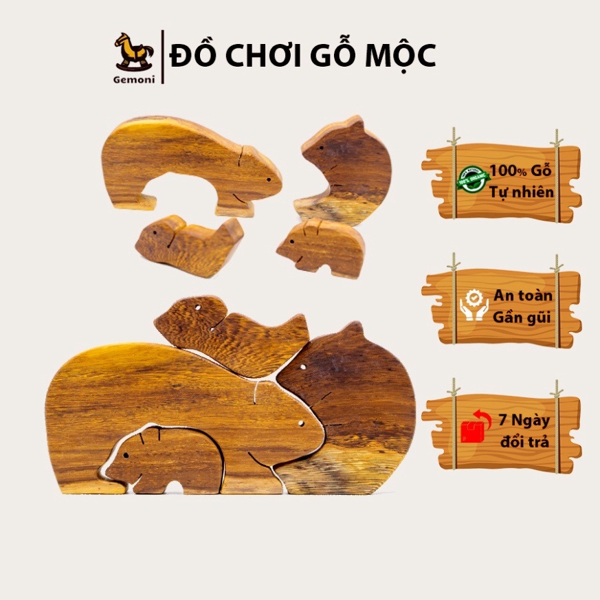 Combo Đồ Chơi Mẹ Con Gấu Bằng Gỗ Tự Nhiên, Lắp Ráp Mẫu Tử.