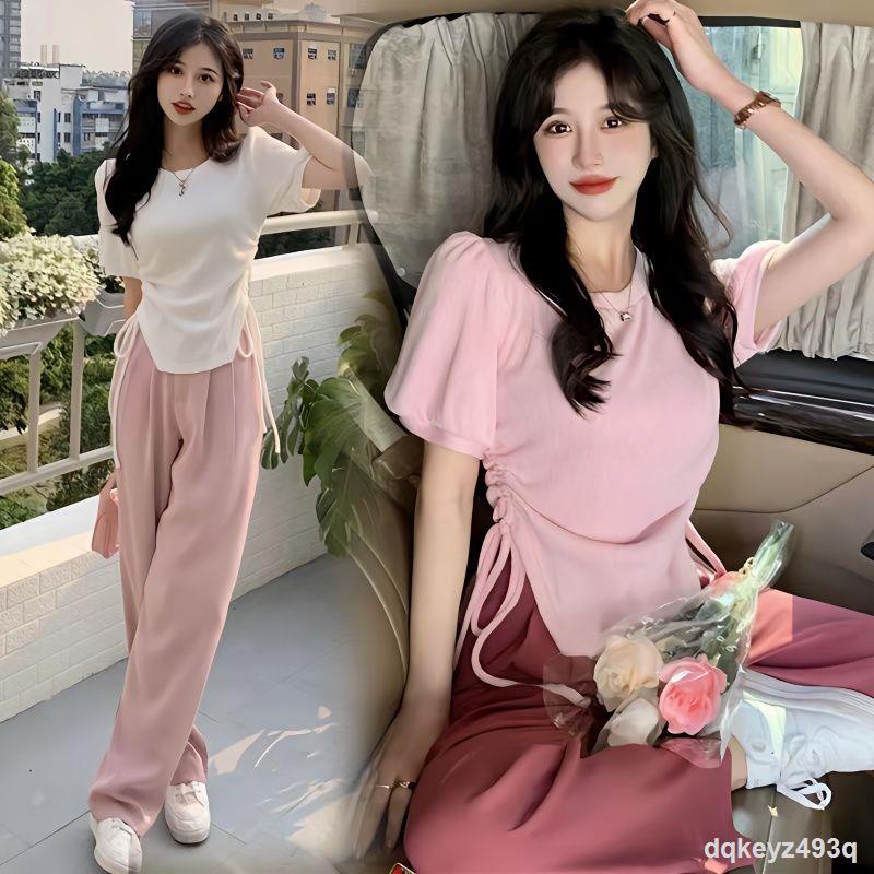 Mùa hè mới bộ đồ giản dị nữ hot girl áo dây rút + quần ống rộng lưng cao ins bộ hai mảnh học sinh phù hợp