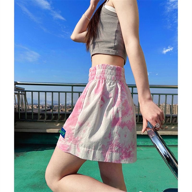 Jiashucheng Quần Short Dáng Chữ A Lưng Cao Ống Rộng Họa Tiết Màu Nhuộm Thời Trang Mùa Hè Cho Nữ