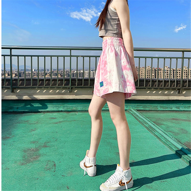 Jiashucheng Quần Short Dáng Chữ A Lưng Cao Ống Rộng Họa Tiết Màu Nhuộm Thời Trang Mùa Hè Cho Nữ