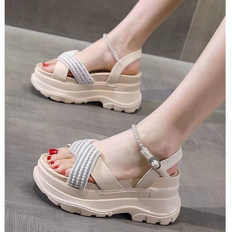 Giày Sandal Thể Thao Đế Xuồng Dày Bằng Da Thật Thời Trang Mùa Hè 2023