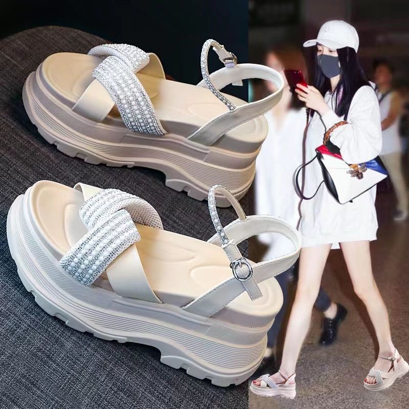 Giày Sandal Thể Thao Đế Xuồng Dày Bằng Da Thật Thời Trang Mùa Hè 2023