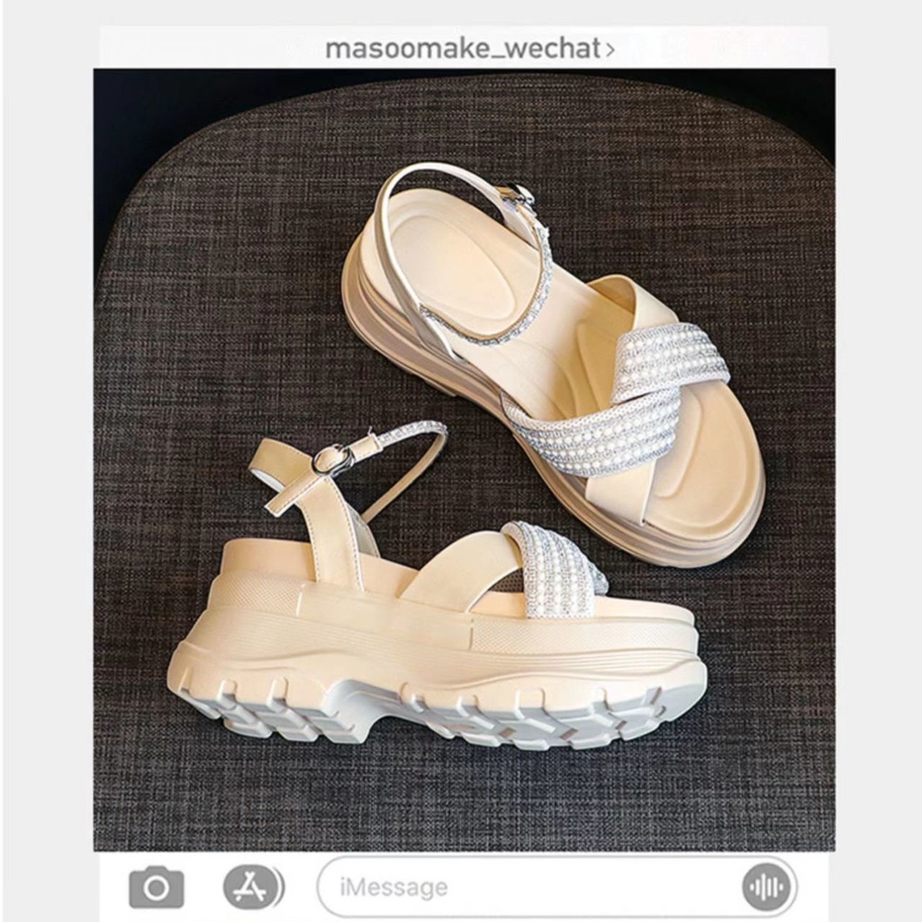 Giày Sandal Thể Thao Đế Xuồng Dày Bằng Da Thật Thời Trang Mùa Hè 2023