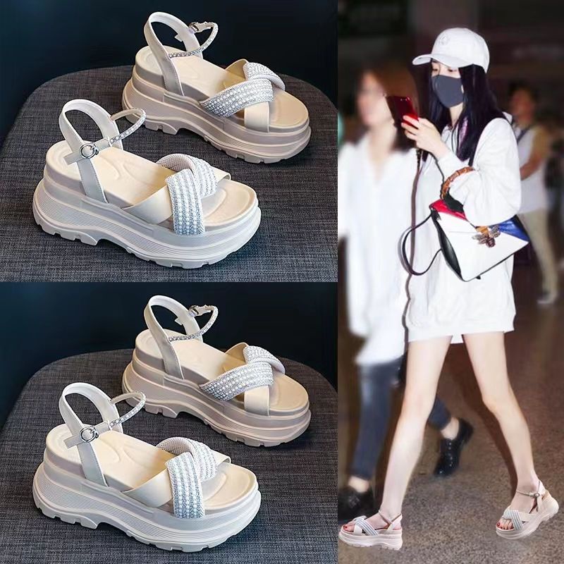 Giày Sandal Thể Thao Đế Xuồng Dày Bằng Da Thật Thời Trang Mùa Hè 2023