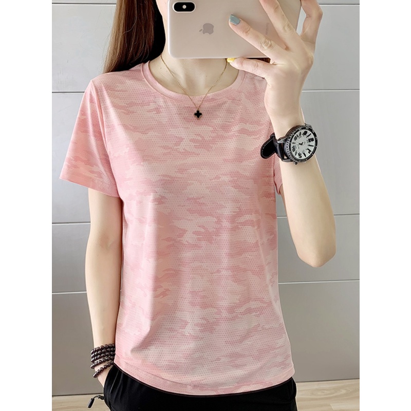 Bộ Đồ Thể Thao Tay Ngắn Vải Lụa Lạnh Nhanh Khô Họa Tiết Rằn Ri Thời Trang Mùa Hè Cho Nữ