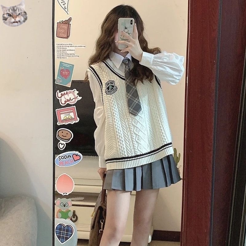 Bộ Áo Dệt Kim Ba Lỗ Dáng Rộng Phong Cách Mùa Thu Mới JK Preppy Ngọt Ngào Cho Nữ