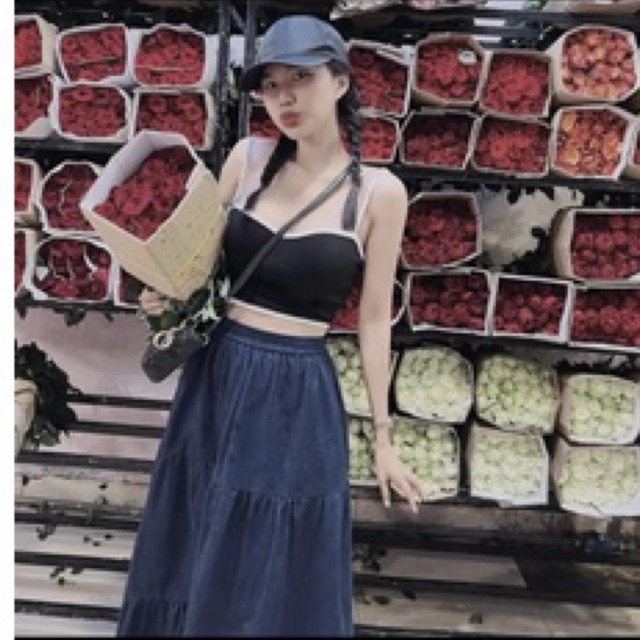 Sét Áo Dây & Chân Váy Maxi Jeans Tầng Mùa Hè