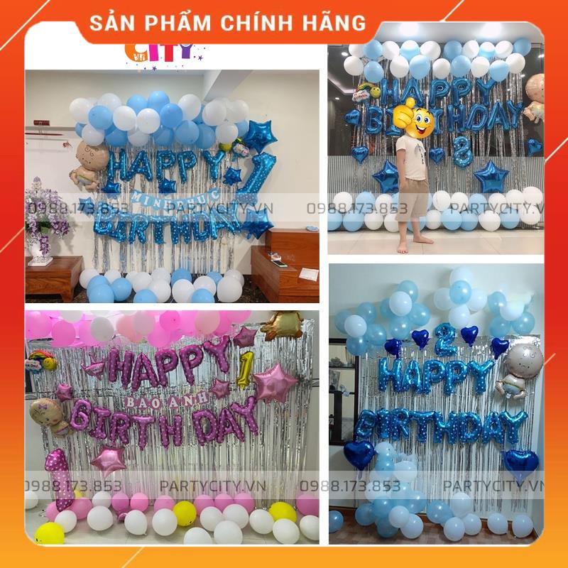 Combo Set Trang Trí Sinh Nhật 2 Rèm Kim Tuyến, Bóng Chữ Happy Birthday và 50 bóng tròn cho bé trai, bé gái
