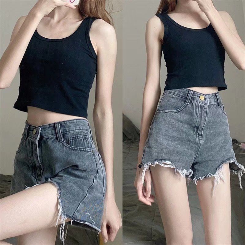 Jiashucheng Quần Short Denim Xám Sờn Cạp Cao Co Giãn Phong Cách Mới Mùa Hè Dễ Phối Đồ Cho Nữ