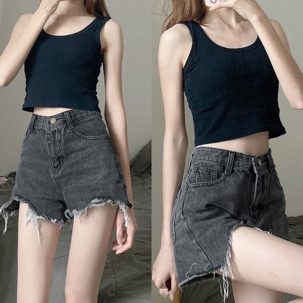 Jiashucheng Quần Short Denim Xám Sờn Cạp Cao Co Giãn Phong Cách Mới Mùa Hè Dễ Phối Đồ Cho Nữ