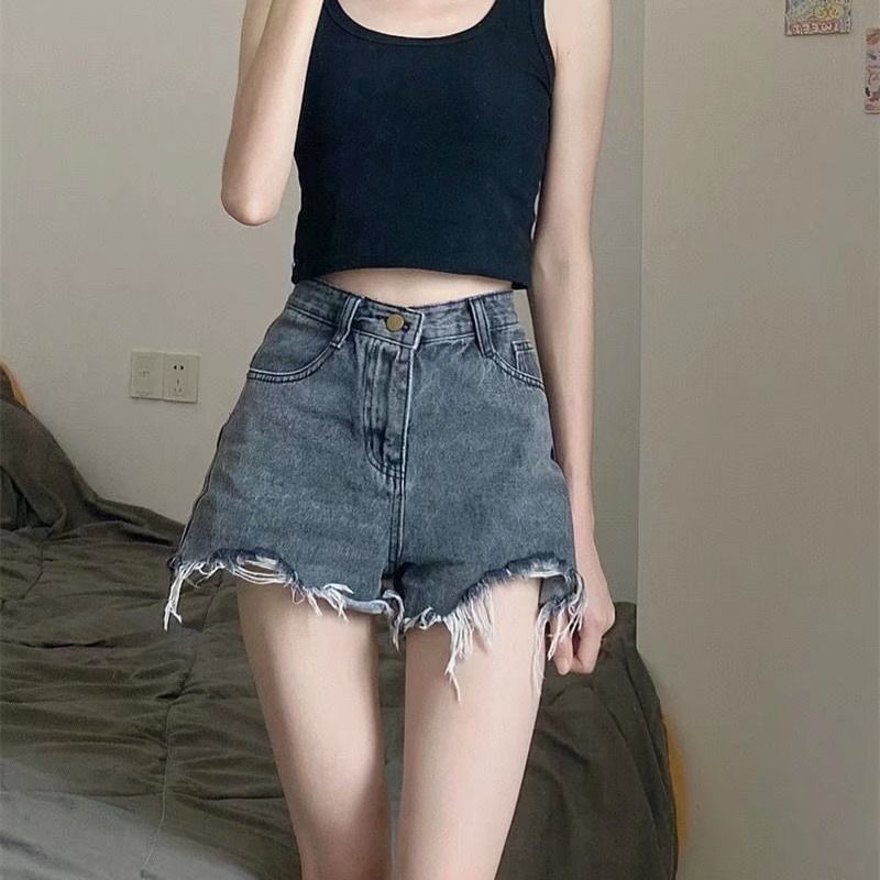 Jiashucheng Quần Short Denim Xám Sờn Cạp Cao Co Giãn Phong Cách Mới Mùa Hè Dễ Phối Đồ Cho Nữ