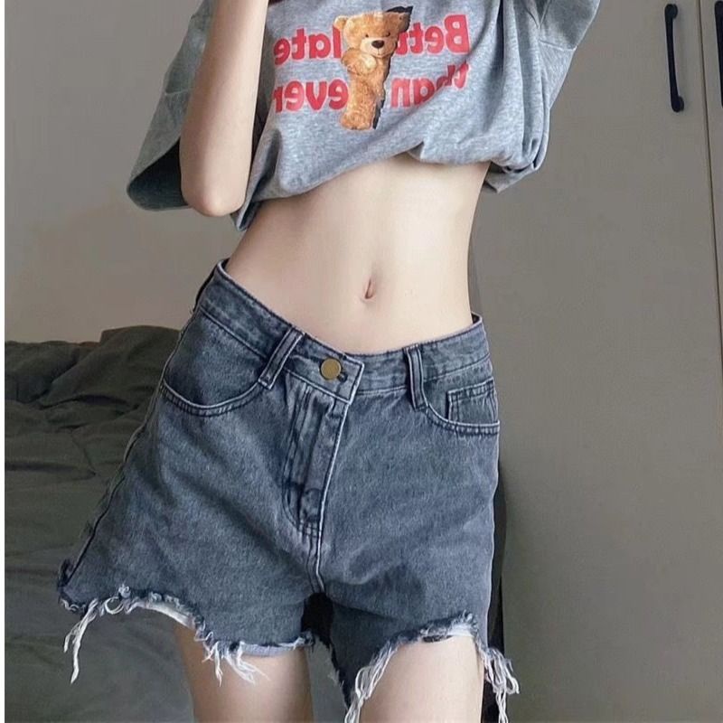 Jiashucheng Quần Short Denim Xám Sờn Cạp Cao Co Giãn Phong Cách Mới Mùa Hè Dễ Phối Đồ Cho Nữ