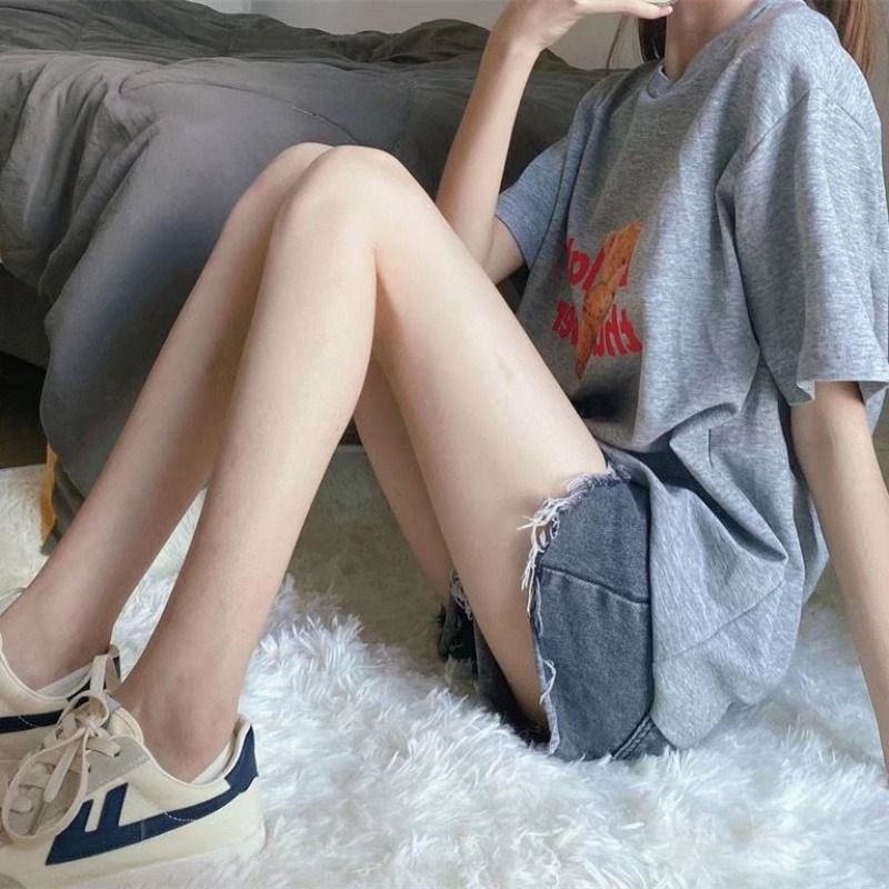 Jiashucheng Quần Short Denim Xám Sờn Cạp Cao Co Giãn Phong Cách Mới Mùa Hè Dễ Phối Đồ Cho Nữ