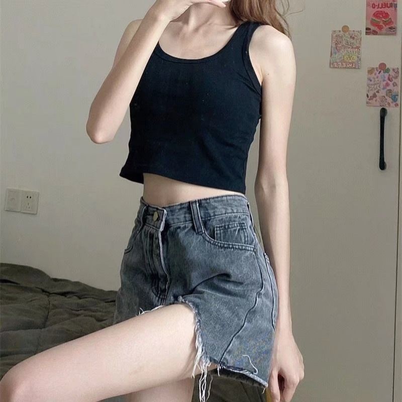 Jiashucheng Quần Short Denim Xám Sờn Cạp Cao Co Giãn Phong Cách Mới Mùa Hè Dễ Phối Đồ Cho Nữ