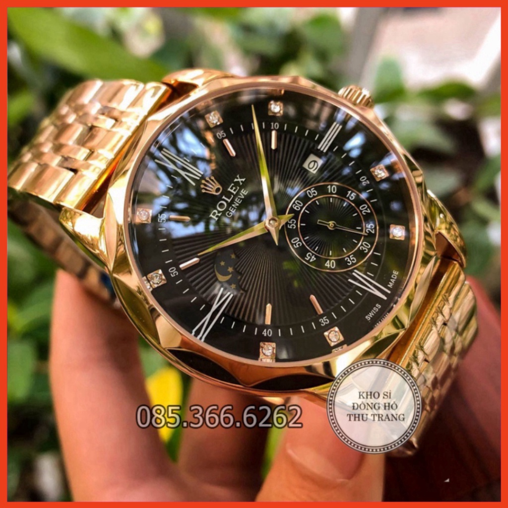 Đồng hồ Nam Rolex máy nhật, mẫu 3kim cắt vát mặt đen viền vàng dây da, dòng cơ Automatic size 40mm-41mm - ngày hội siêu