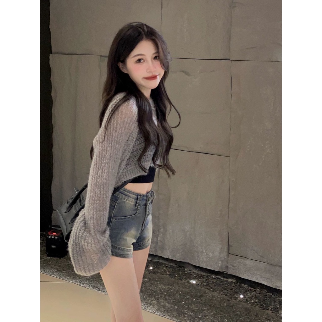 Jiashucheng Quần Short Denim Lưng Cao Dáng Chữ a Ôm Dáng Phong Cách Retro Đường Phố Mùa Hè Cho Nữ