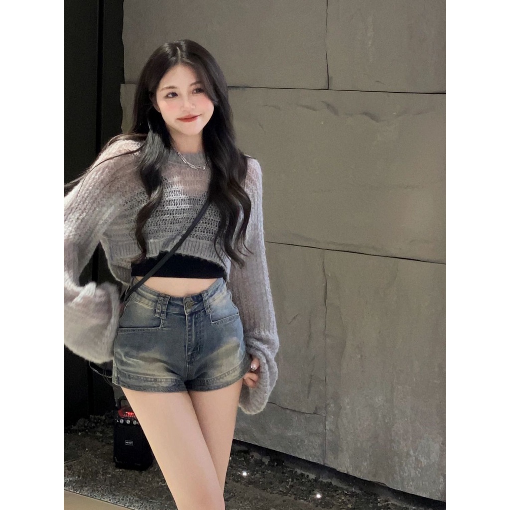 Jiashucheng Quần Short Denim Lưng Cao Dáng Chữ a Ôm Dáng Phong Cách Retro Đường Phố Mùa Hè Cho Nữ