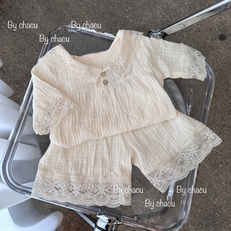 set trắng cổ viền ren cho bé gái đi tiệc chất xô muslin cao cấp công chúa