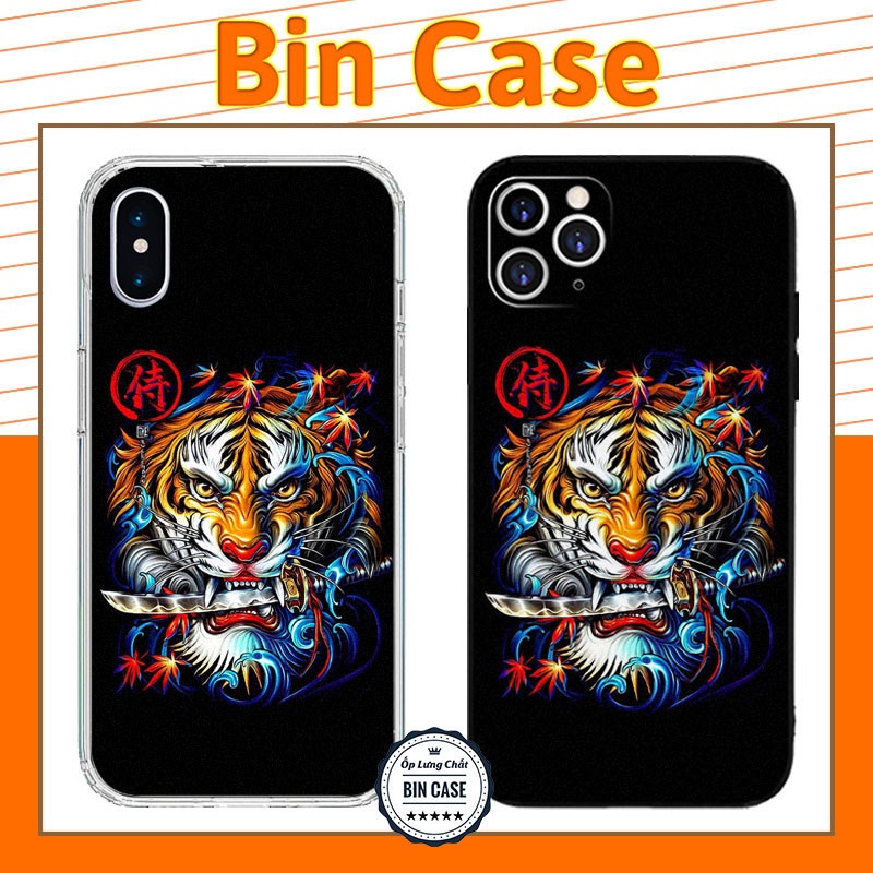 🔥Ốp Lưng iPhone Viền Vuông Hình Xăm Mặt Hổ Ngậm Kiếm Nền Đen iphone 14 13 12 11 Pro Max 6 7 8 Plus X Xr Xs Max DOCLA165