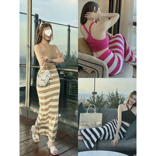 Set Áo Croptop Hai Dây Chéo V Cổ Yếm Và Chân Váy Bút Chì Kẻ Sọc Ngang - Dáng Dài Maxi Ôm Body Sexy - Tiểu Thư Bánh Bèo