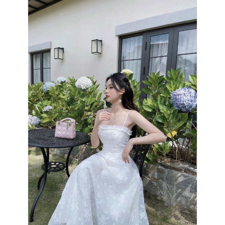 Đầm váy maxi đi biển 2 dây ren hoa lót lụa trắng cúp ngực dự tiệc cao cấp đi biển giá rẻ đẹp bigsize sẵn mút ngực tơ lụa