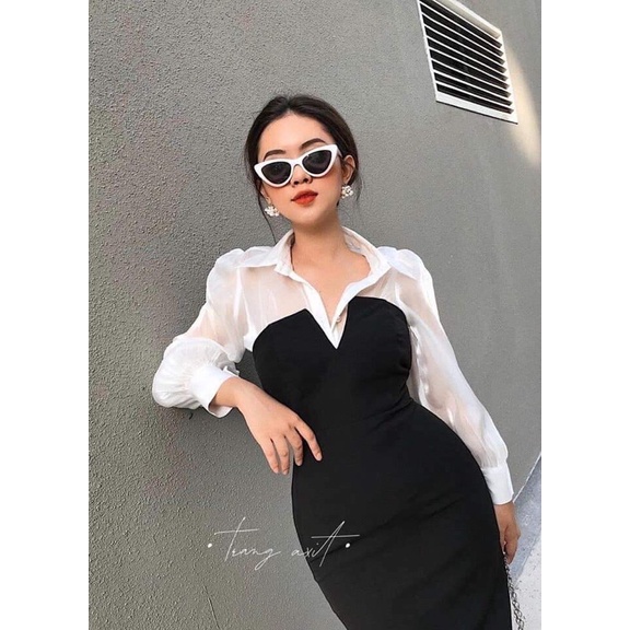 Đầm Body Cúp Ngực Phối Sơ Mi Tơ Óng Ánh