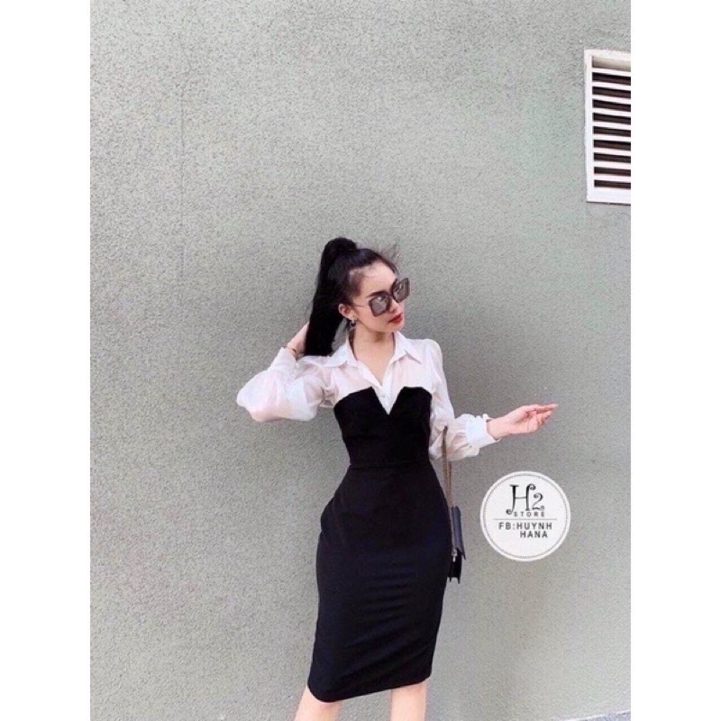 Đầm Body Cúp Ngực Phối Sơ Mi Tơ Óng Ánh