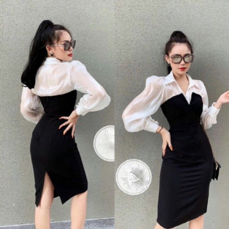 Đầm Body Cúp Ngực Phối Sơ Mi Tơ Óng Ánh