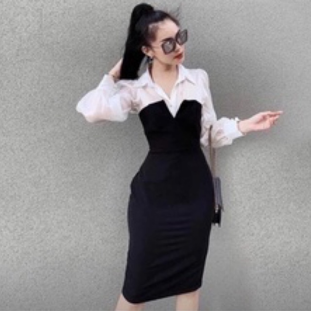 Đầm Body Cúp Ngực Phối Sơ Mi Tơ Óng Ánh