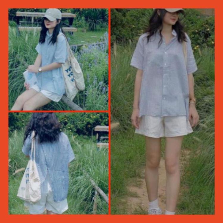 Set Kẻ Quần Short Trắng Set bộ đồ Nữ áo sơ mi freesize vạt chéo sau mix quần năng động, cute SM5