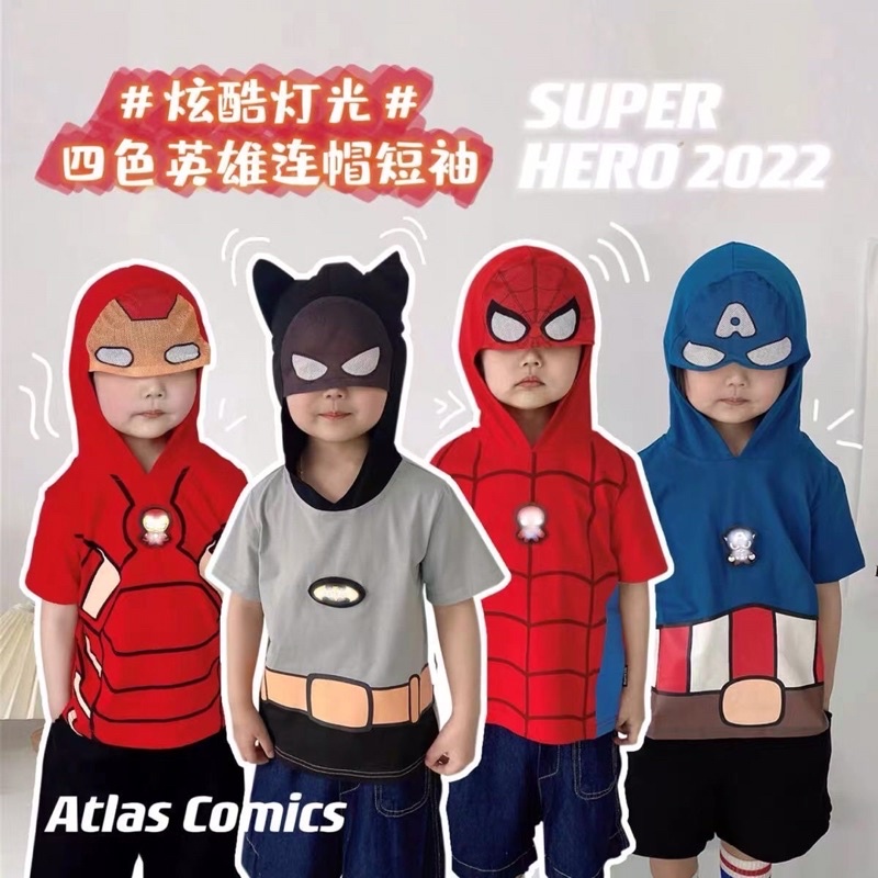 Áo siêu nhân cộc tay có mũ đèn nhấp nháy bé trai