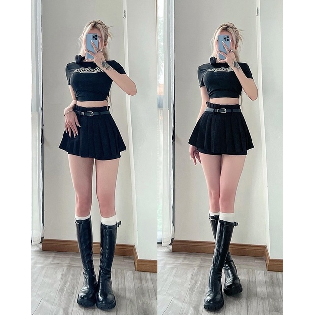 Áo croptop cột dây sau + chân váy xếp ly kèm belt