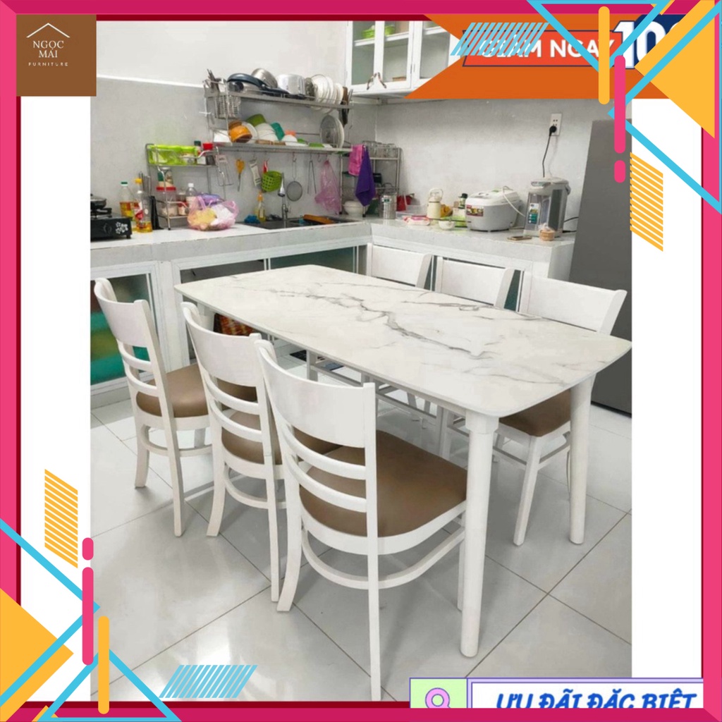 BÀN ĂN GỖ GIẢ ĐÁ TRẮNG + 6 GHẾ CABIN NỆM CHÍNH HÃNG - BẢO HÀNH 12 THÁNG - Nội Thất Ngọc Mai | BigBuy360 - bigbuy360.vn