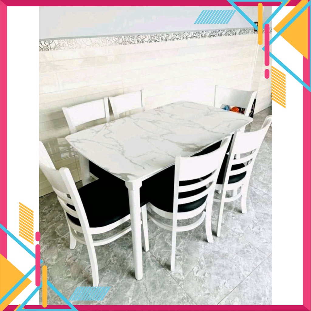 BÀN ĂN GỖ GIẢ ĐÁ TRẮNG + 6 GHẾ CABIN NỆM CHÍNH HÃNG - BẢO HÀNH 12 THÁNG - Nội Thất Ngọc Mai | BigBuy360 - bigbuy360.vn