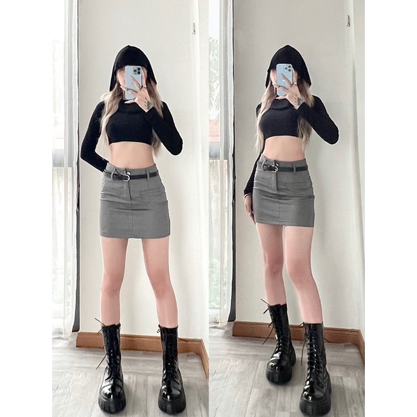 Áo có mũ trùm co dãn + chân váy xám kèm 2 belt
