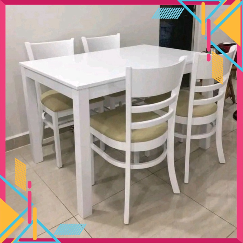 Bàn ăn 4 ghế gỗ cau su tự nhiên, bàn ăn cơm màu trắng nệm da simili - Nội Thất Ngọc Mai
