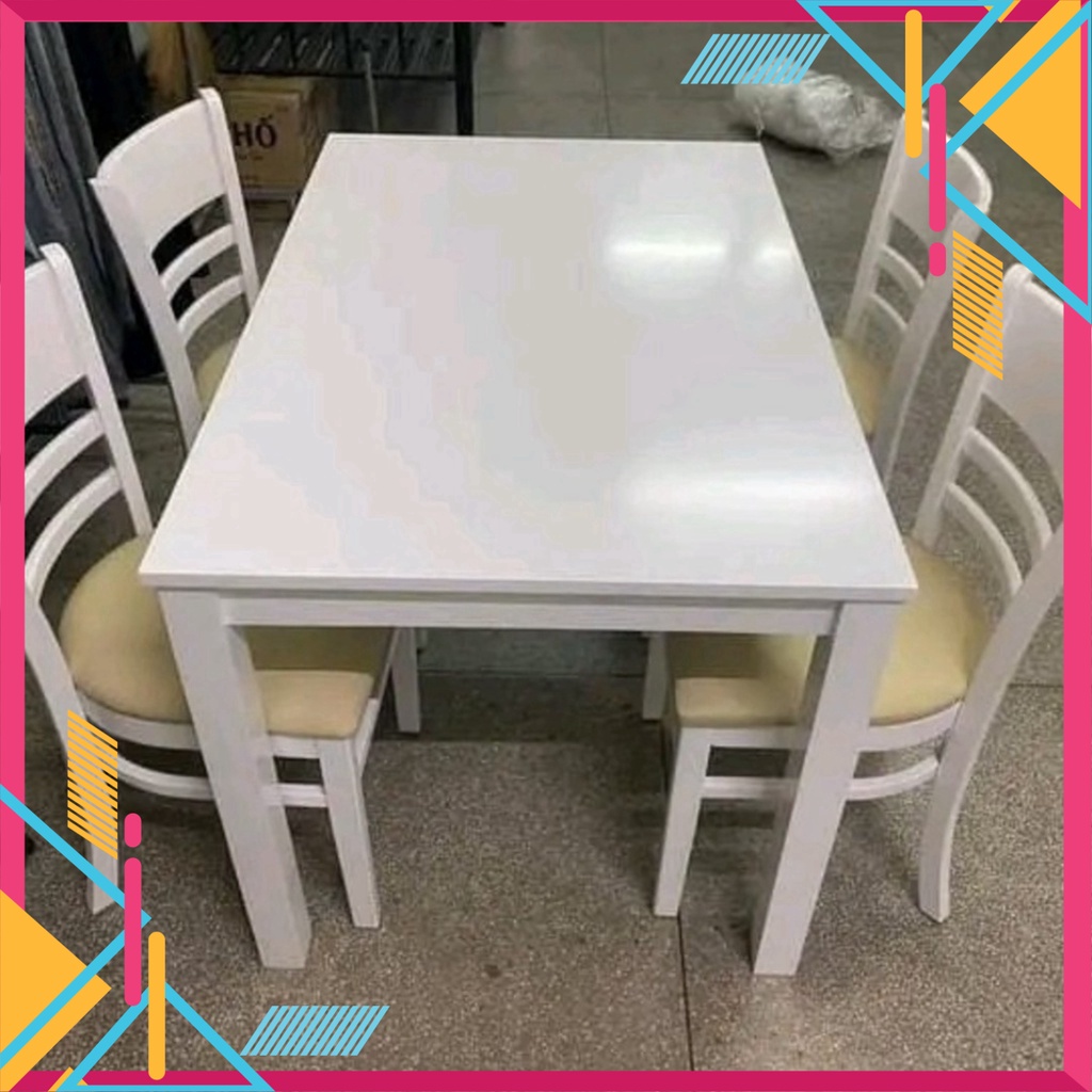 Bàn ăn 4 ghế gỗ cau su tự nhiên, bàn ăn cơm màu trắng nệm da simili - Nội Thất Ngọc Mai | BigBuy360 - bigbuy360.vn