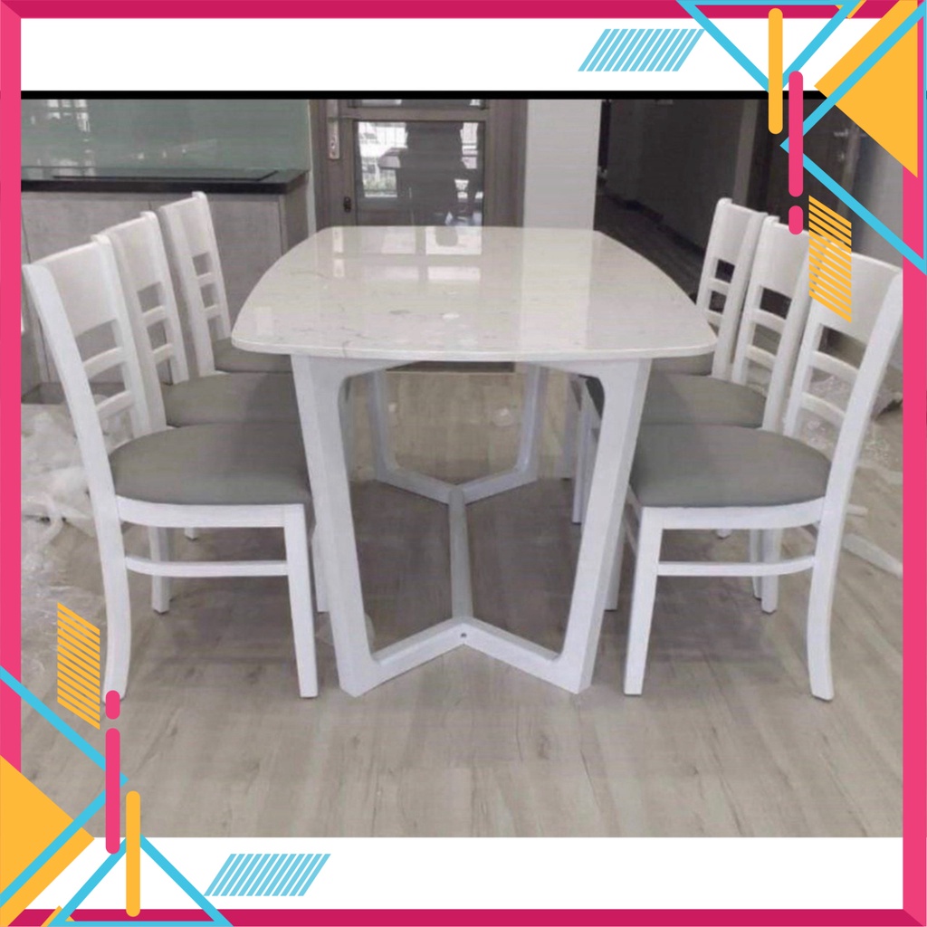 Bàn ăn cơm 6 ghế cabin gỗ, bàn đá nhân tạo vân mây loại 1 hiện đại, sang trọng - Nội Thất Ngọc Mai