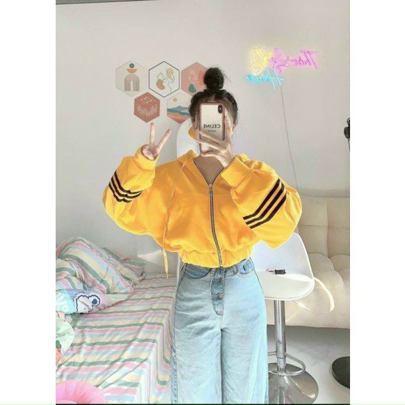 Áo Khoác Chống Nắng Nữ Có Dây Kéo Phối Ba Sọc Tay Kiểu Croptop Sành Điệu