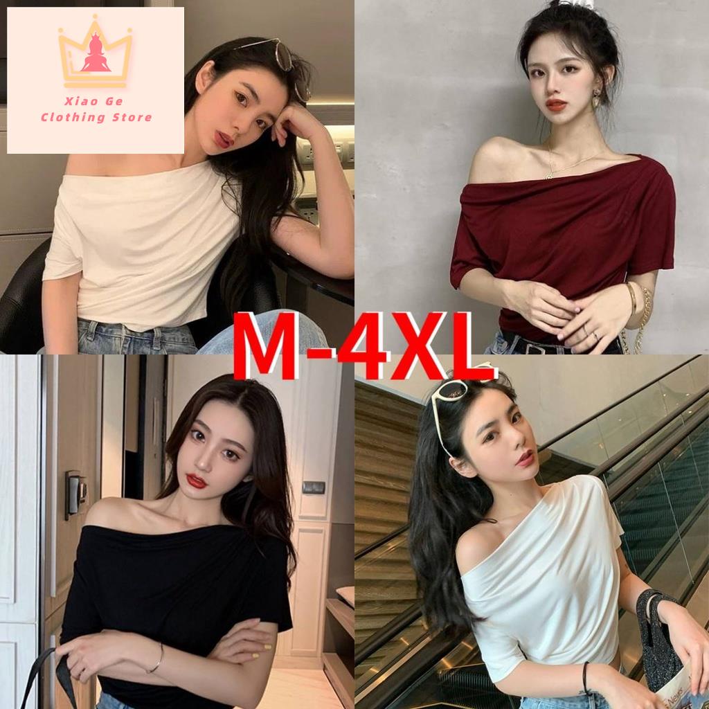 ☇Áo Thun Tay Ngắn Lệch Vai Dáng Rộng Cỡ Lớn 150kg Màu Đào Thời Trang Cho Nữ