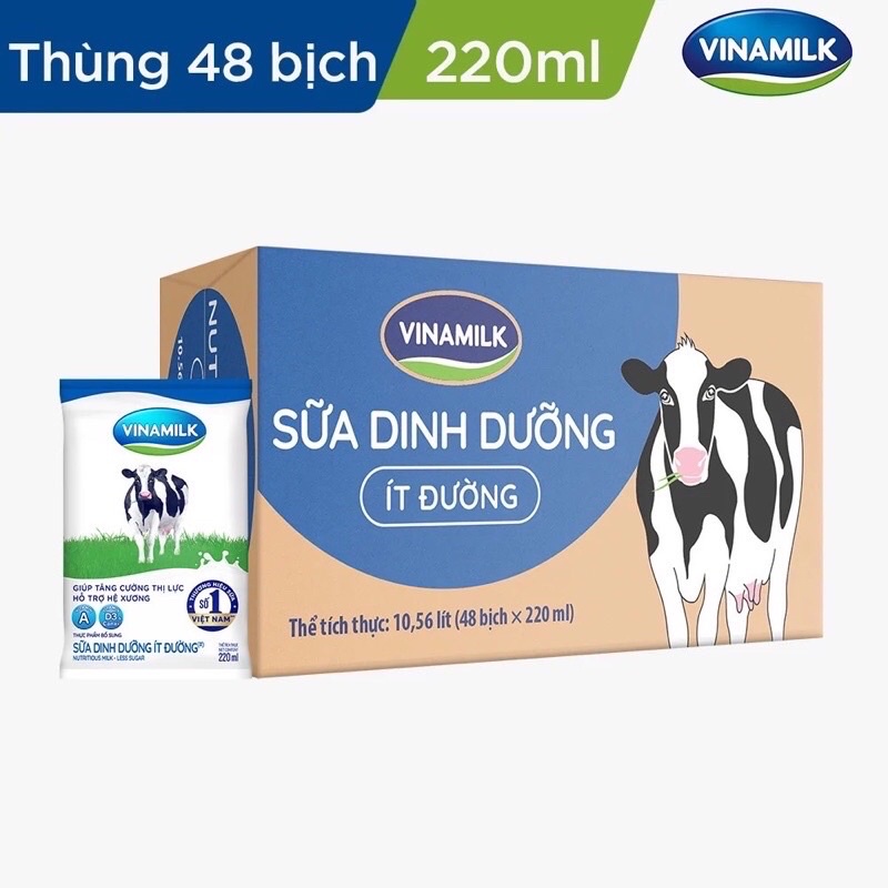 Thùng 48 Bịch Sữa Dinh Dưỡng Vinamilk Ít Đường - 220ml