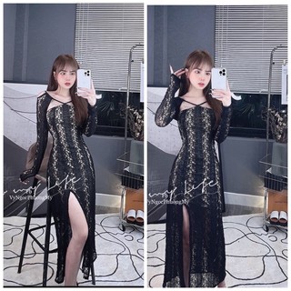 Đầm Ren Dự Tiệc Cổ Yếm Xẻ Tà Sang Chảnh