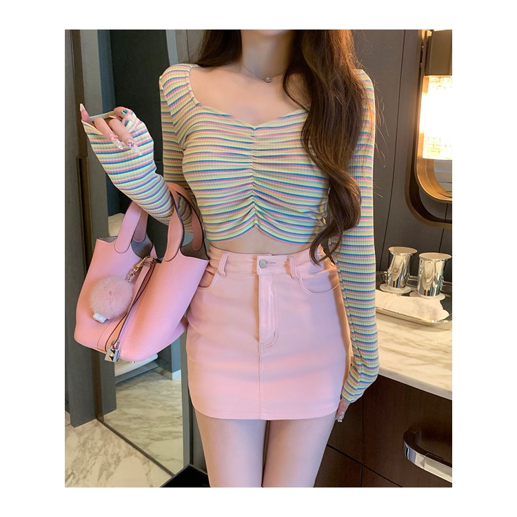 Jiashucheng Chân Váy Denim Dáng Chữ a Lưng Cao Màu Hồng Phong Cách Mới Mùa Hè Dễ Phối Đồ Cho Nữ