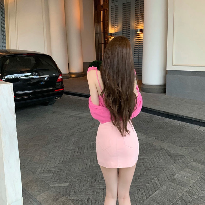 Jiashucheng Chân Váy Denim Dáng Chữ a Lưng Cao Màu Hồng Phong Cách Mới Mùa Hè Dễ Phối Đồ Cho Nữ