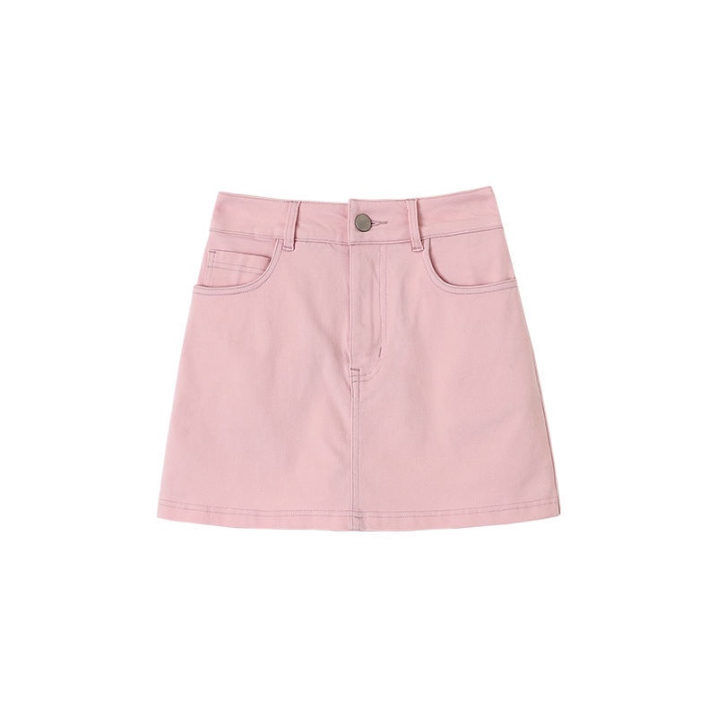 Jiashucheng Chân Váy Denim Dáng Chữ a Lưng Cao Màu Hồng Phong Cách Mới Mùa Hè Dễ Phối Đồ Cho Nữ