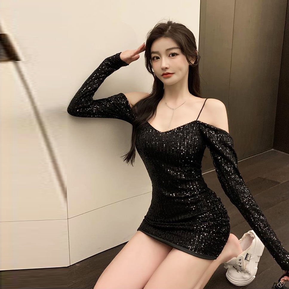 Jiashucheng Đầm Trễ Vai Dáng Ôm Đính Kim Sa Lấp Lánh Thời Trang Xuân Hè Cao Cấp