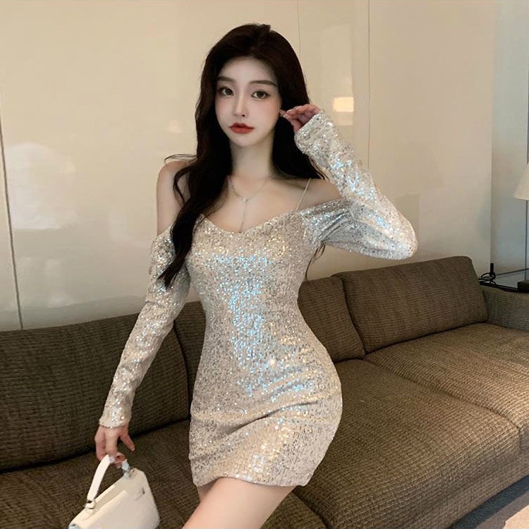 Jiashucheng Đầm Trễ Vai Dáng Ôm Đính Kim Sa Lấp Lánh Thời Trang Xuân Hè Cao Cấp
